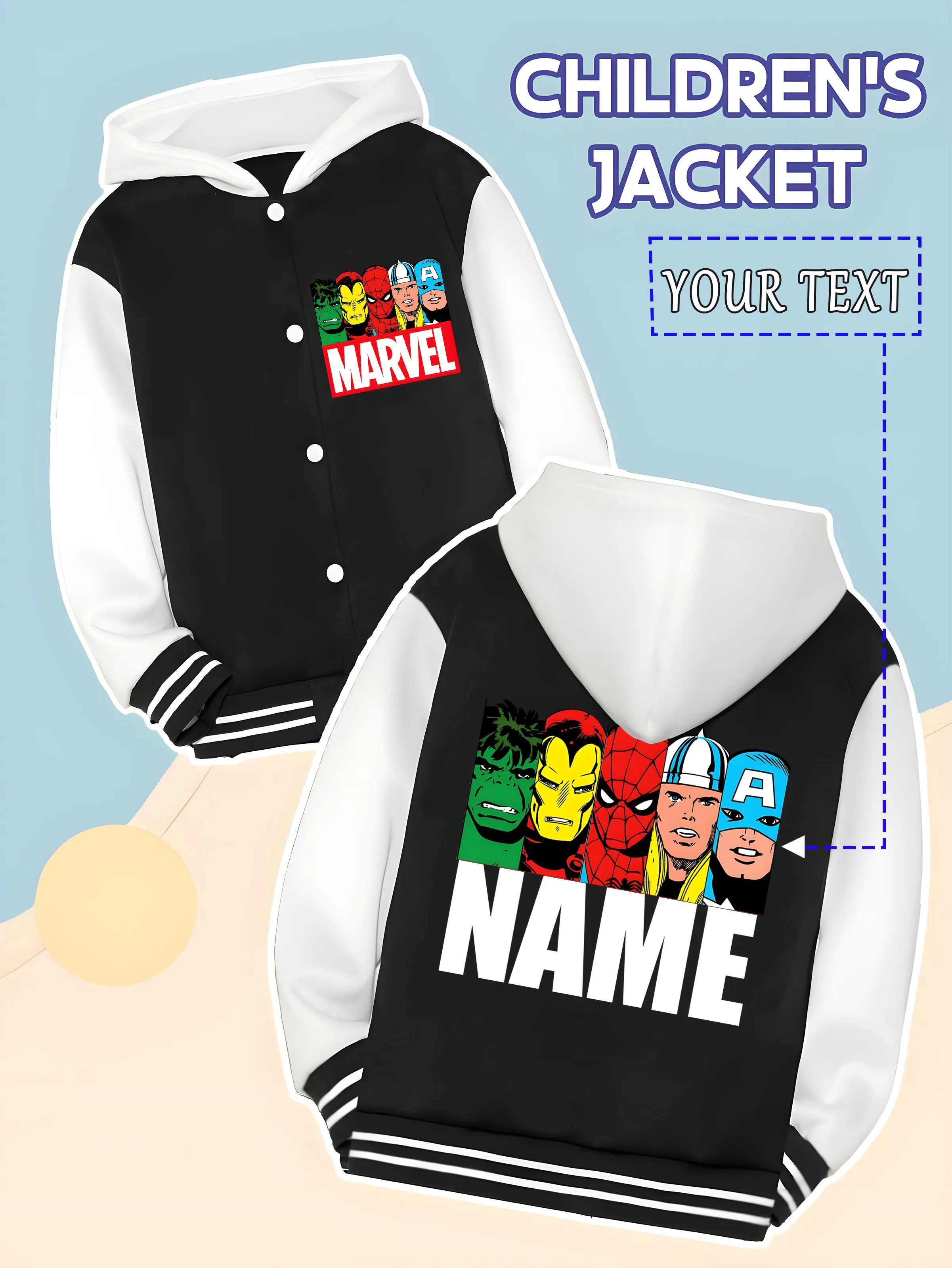 

MINISO Marvel Boys Baseball Jacket - Marvel hero portrait print, bright colors, perfect for spring and autumn leisure sports, su