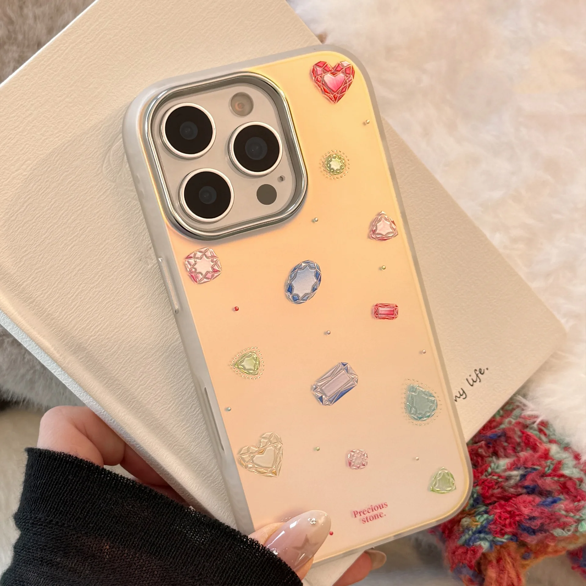 Koreanische bunte Edelstein-Muster-Beschichtung, Laser-Telefonhülle für iPhone 17, 12, 13, 14, 15, 16, Pro Max, stoßfeste Schutzhülle