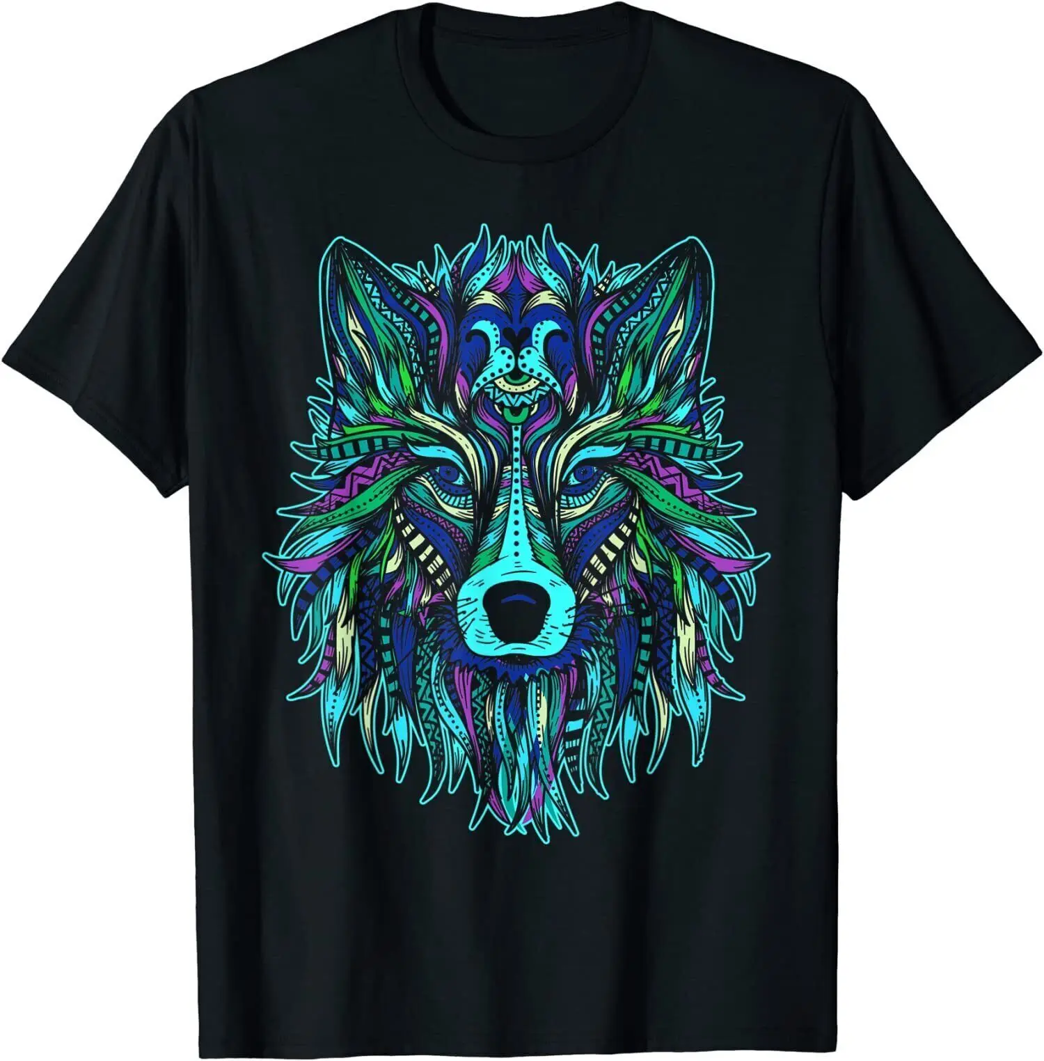 Colorful Wolf Head Tee Trendy Tribal Art Gift Idea T-Shirt S-3xl