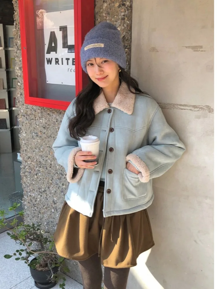 

Thiened ort Lamb Fur Jaet Women's Autumn Winter New Sle Suede Collar Inteated Leather And Fur Coat Warm Cotton Clothes