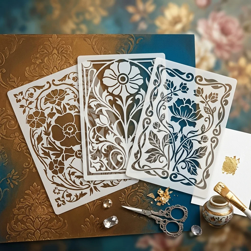 3 Stück 5,8 x 8,3 Zoll große viktorianische Blumenschablonen, wiederverwendbare PET-Art-Nouveau-Vorlagen für Sammelalben, Geschenkanhänger, Möbelumbauten