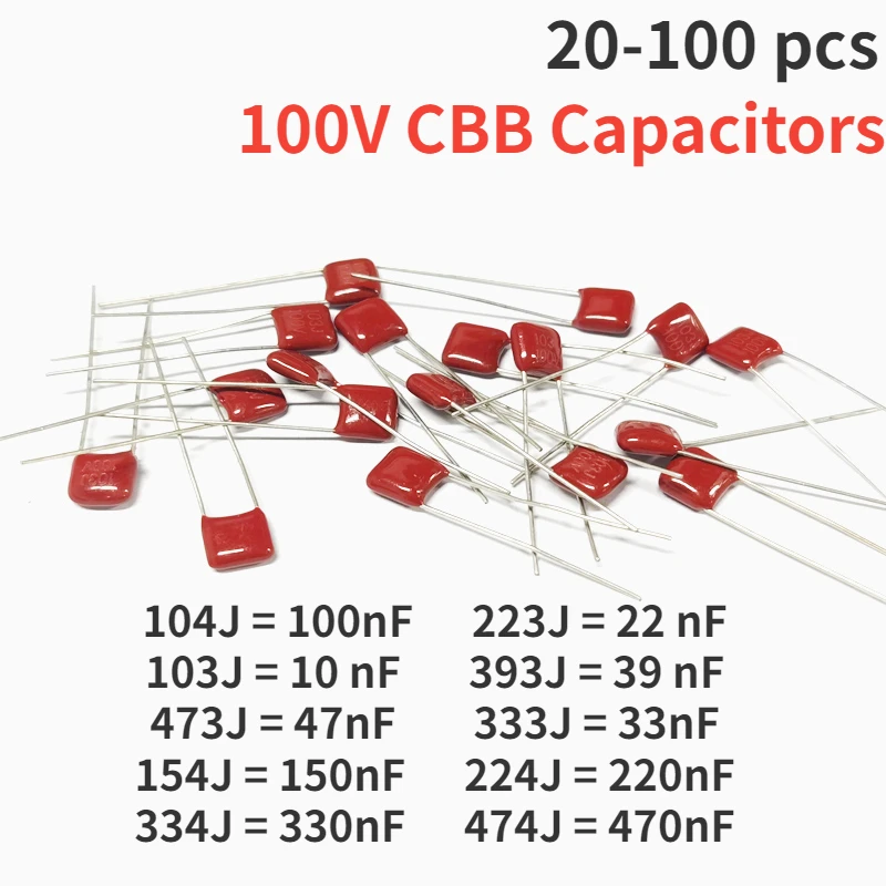 20-100PCS 100V CBB Capacitors Polypropylene Film Capacitor 104J 100nF 154J 150nF 224J 220nF 334J 330nF 474J 470nF