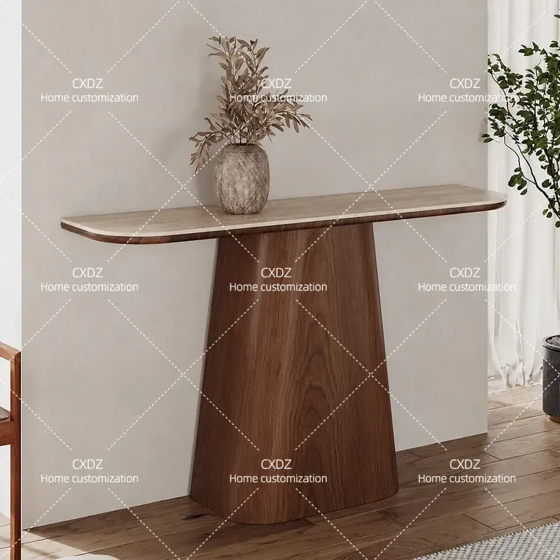 Medieval Style Solid Wood and Travertine Rock Slab Entryway Table Ultra Narrow Long Console Table for Hallway Corridor Wall