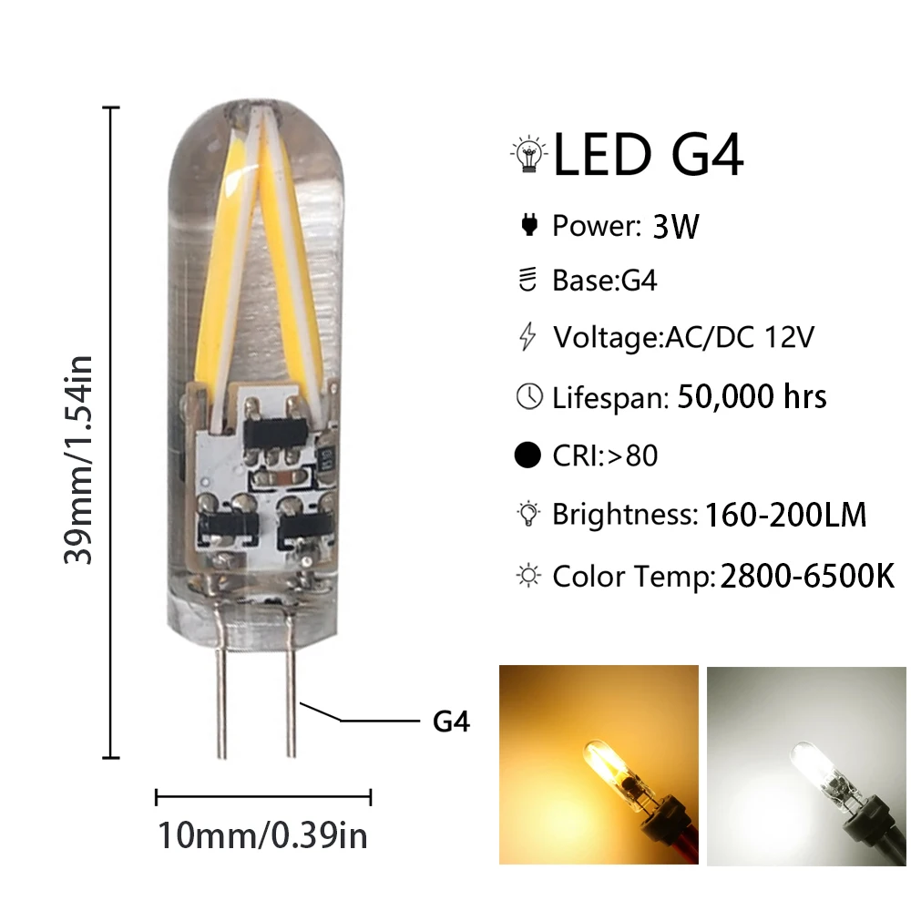 Ampoule à Filament LED COB Mini G4 5X AC/DC 12V 3W, remplace les Lampes en Verre Halogène 15W pour la Maison, le Salon, Remplace le Lustre Halogène