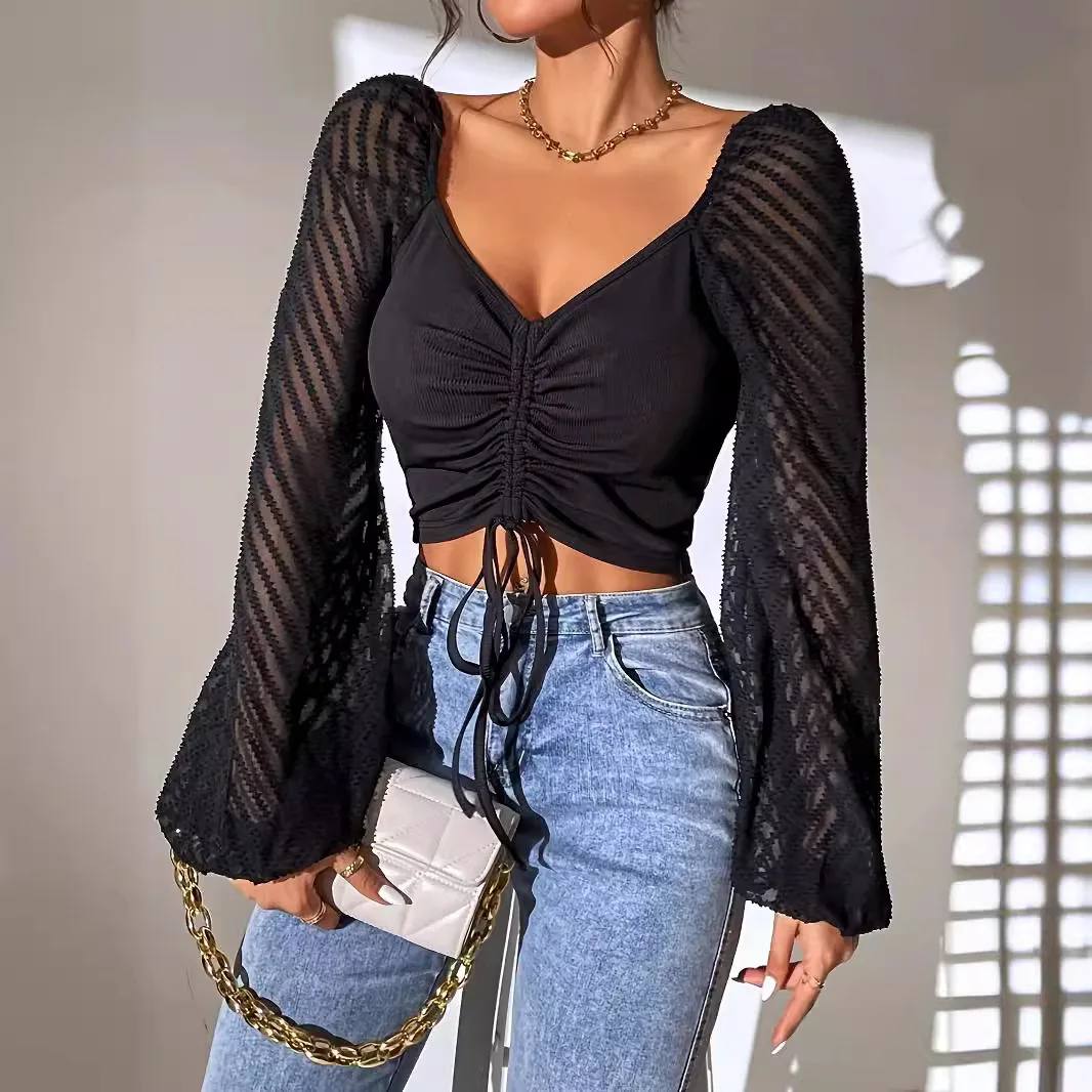 

2024 Spring and Autumn New Women's Fashion Style Casual Commuting Sexy Front Strap Lantern Sleeve Open Umbilical Top