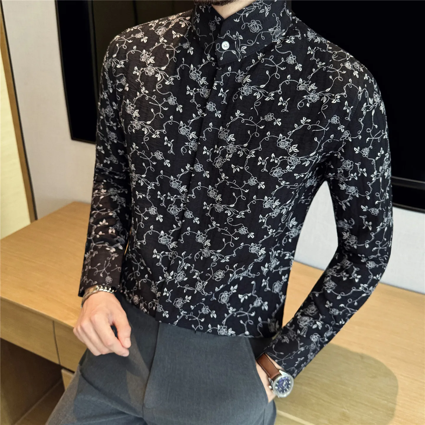 Chinese Style Jacquard Stand Up Collar Shirt Men's Long Sleeve High Collar Design Floral Shirt Casual Business Social Shirt 2025