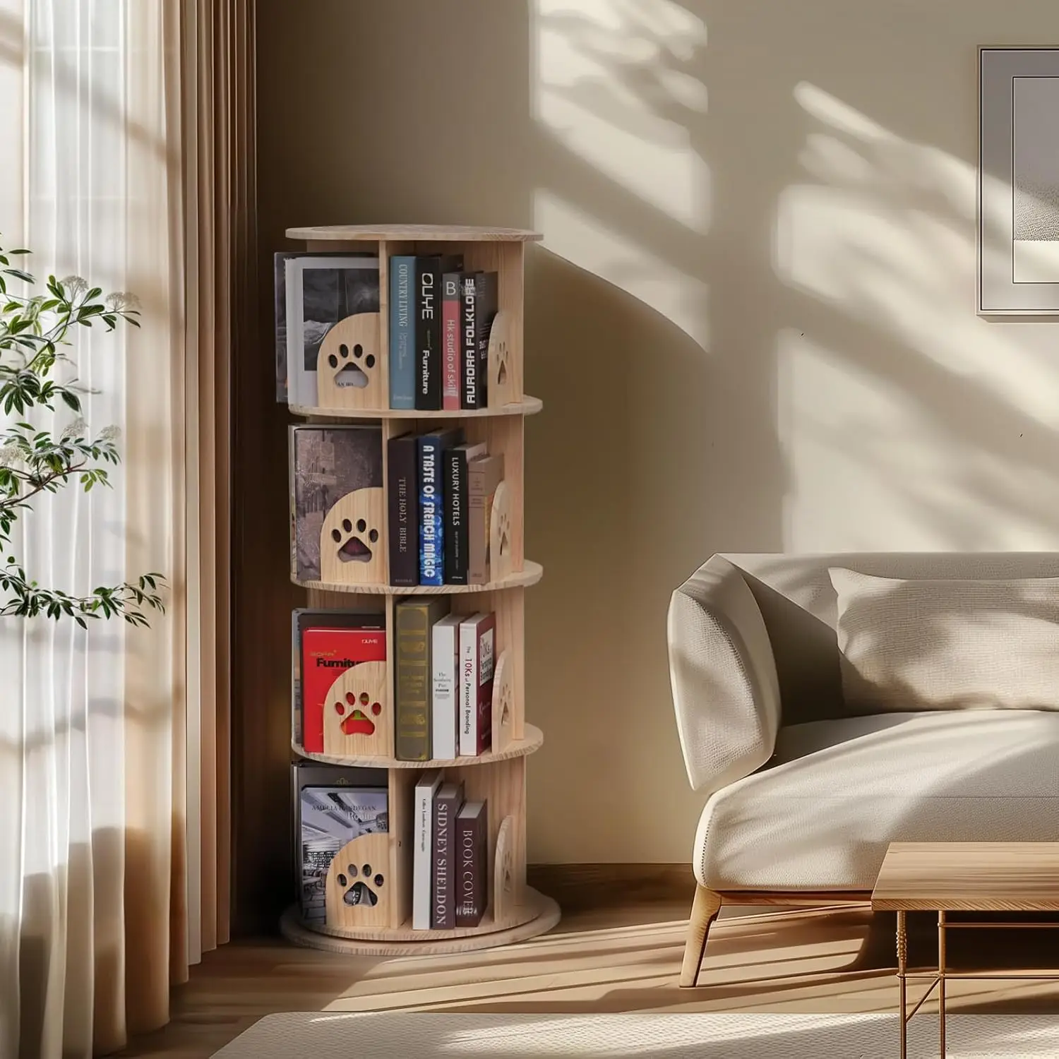 4 Tier Rotating Bookshelf Kids, 360 Display Floor Standing Bookcase Storage Rack for Kids&Adults Solid Wood