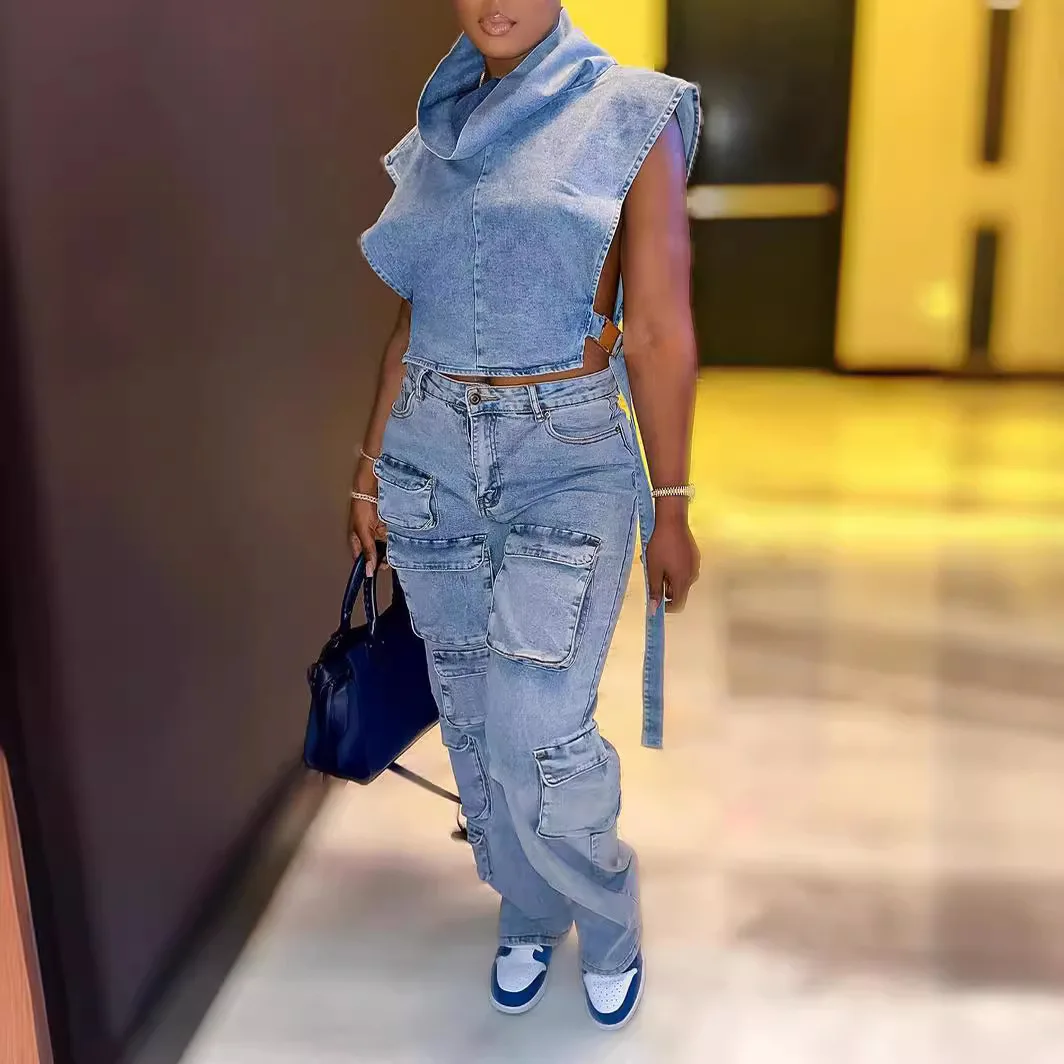 Women's Clothing Sexy Street Trendsetters Three-dimensional Multi Bag Workwear Style High Elasticity Denim Straight Leg Pants