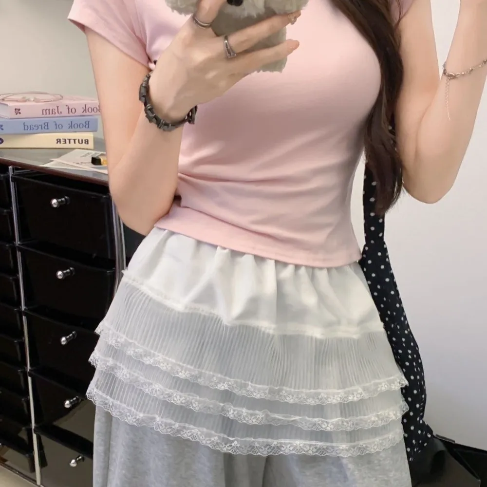 Harajuku Style Lace Mesh Mini Skirt High Waist Elastic Layered Skirt Jeans Decorative Hemline Ruffles Short Bottoming Skirt
