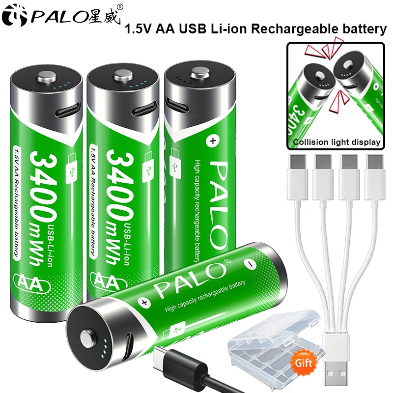 1.5V AA USB Rechargeable Battery Type-C aa Li-ion 2A Batteries, Collision Display Battery for Remote Control Electric Toys Mouse