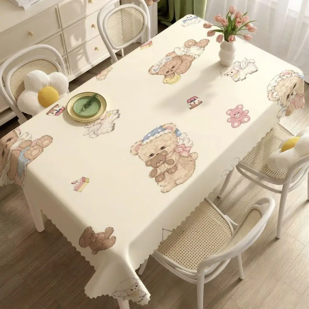 Sweet Kawaii Bear Tablecloth, Pink Cute Angel Teddy Table Cover, Aesthetic Dorm Dining Decor, Waterproof Oilproof Table Cloth, K