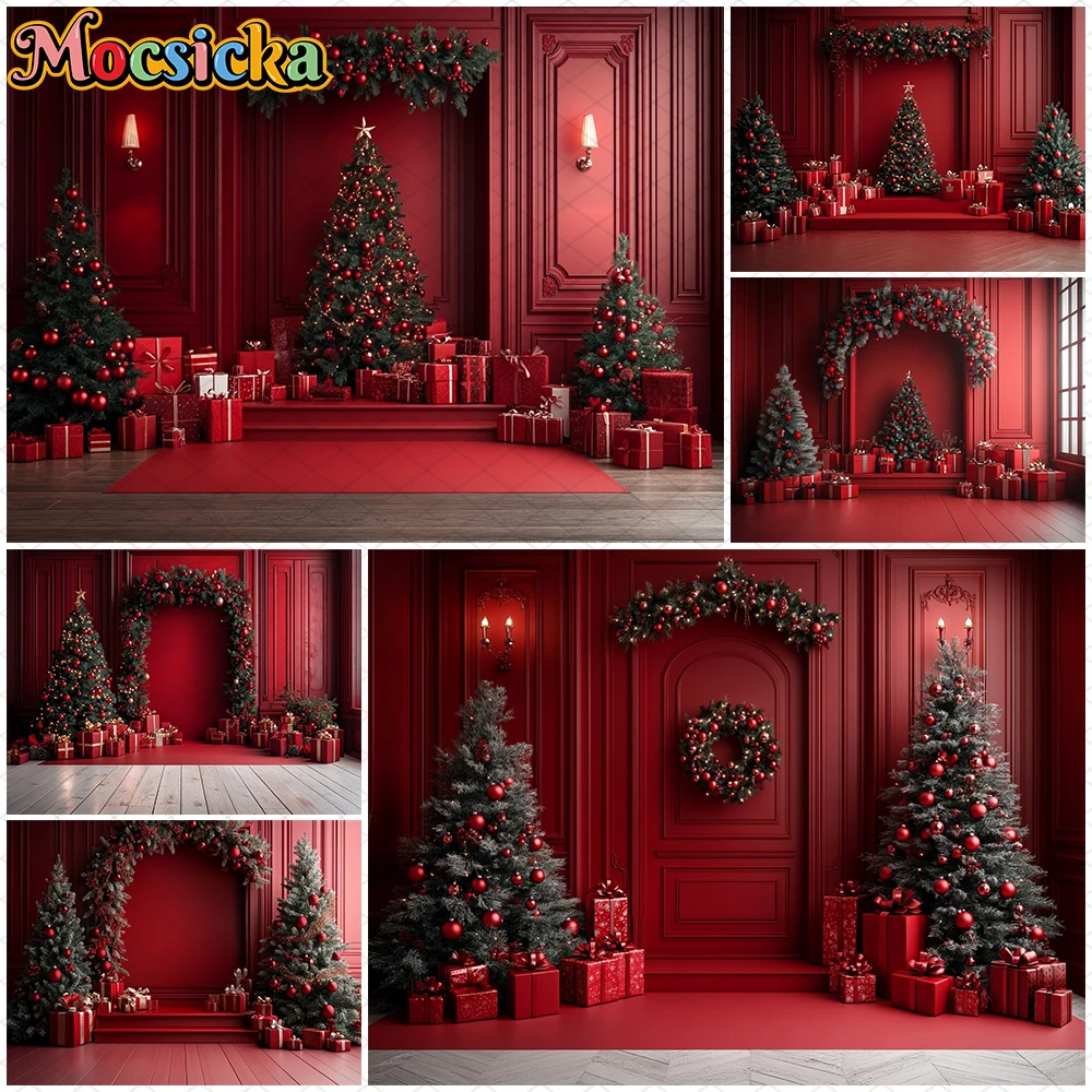 

Mocsicka Christmas Photography Backdrops New Year Xmas Tree Red Wall Decors Family Holiday Party Photo Backgrounds Studio Banner