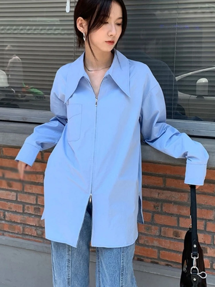 Blauer Reißverschluss Long Sve irt Damen Design Sensation Frühling Herbst Baumwolle Straight Cut Japanische SLE-Kragen-Bluse