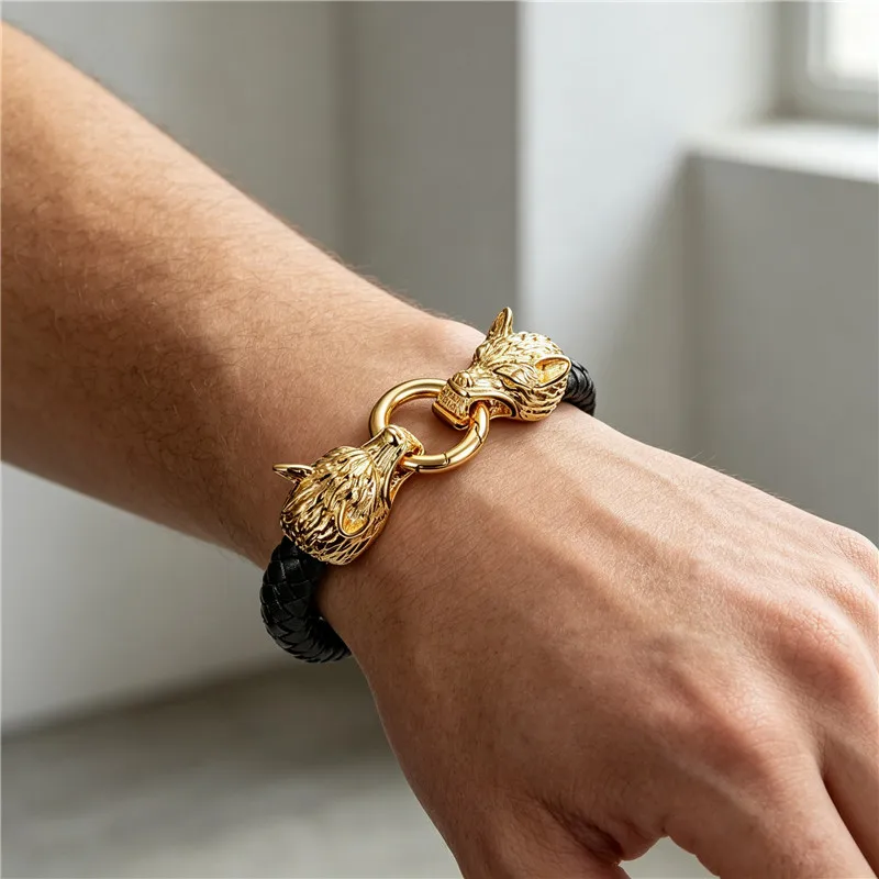 Never Fade Rock Viking Wolf Charm Bracelet Men's leather Mesh Chain Wolf Punk Bracelets Biker Jewelry