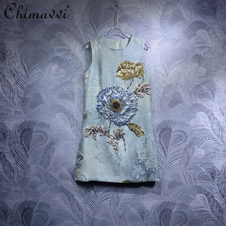 

Spring and Summer New High-end Fashion Round Neck Beaded Vest Dress Vintage Slim Sleeveless Elegant Short Women's Dress
