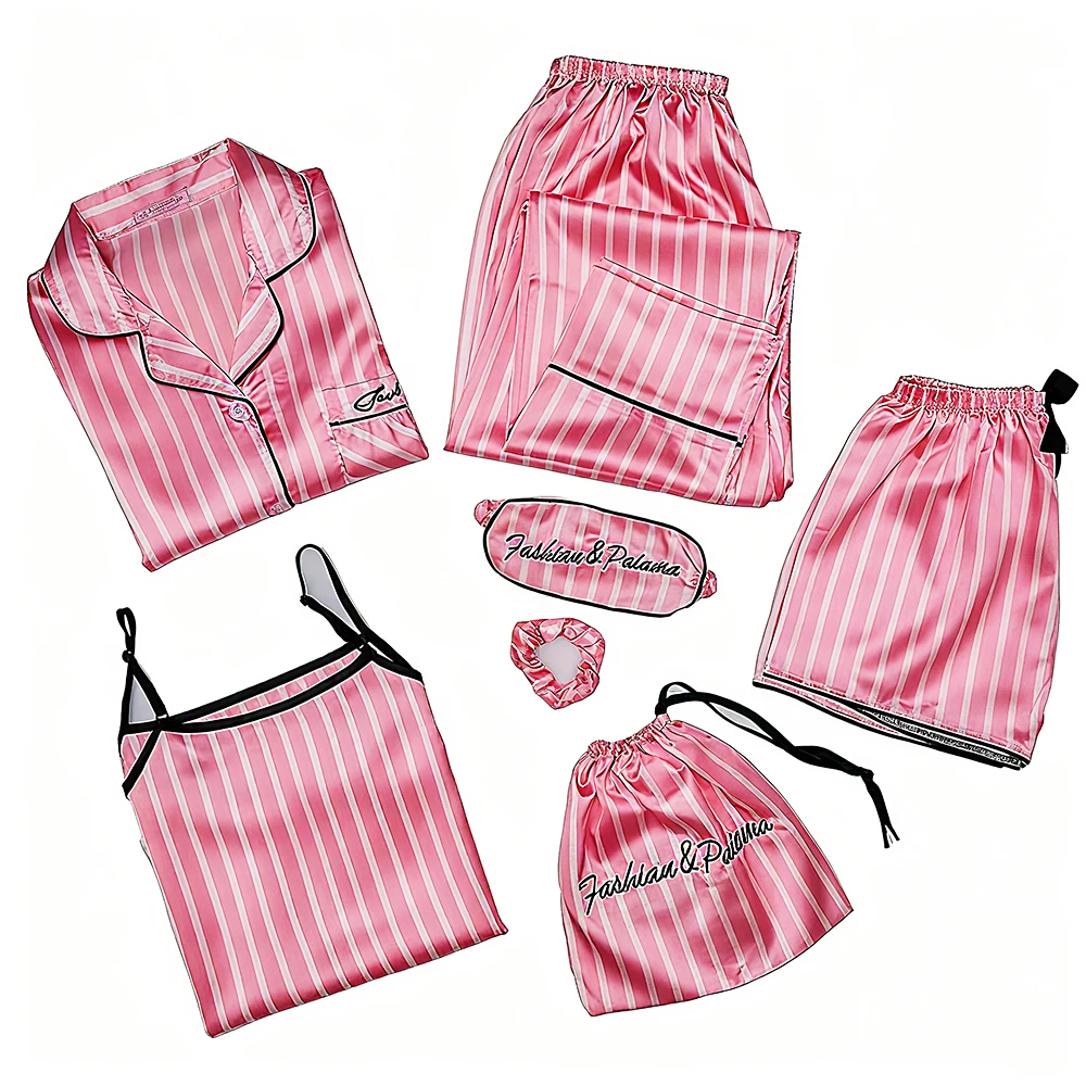 

Pajama Sets Woman 7Pcs/Set Pyjamas Sexy Pink Striped Sleepwear Sumptuous Cute Loungewear
