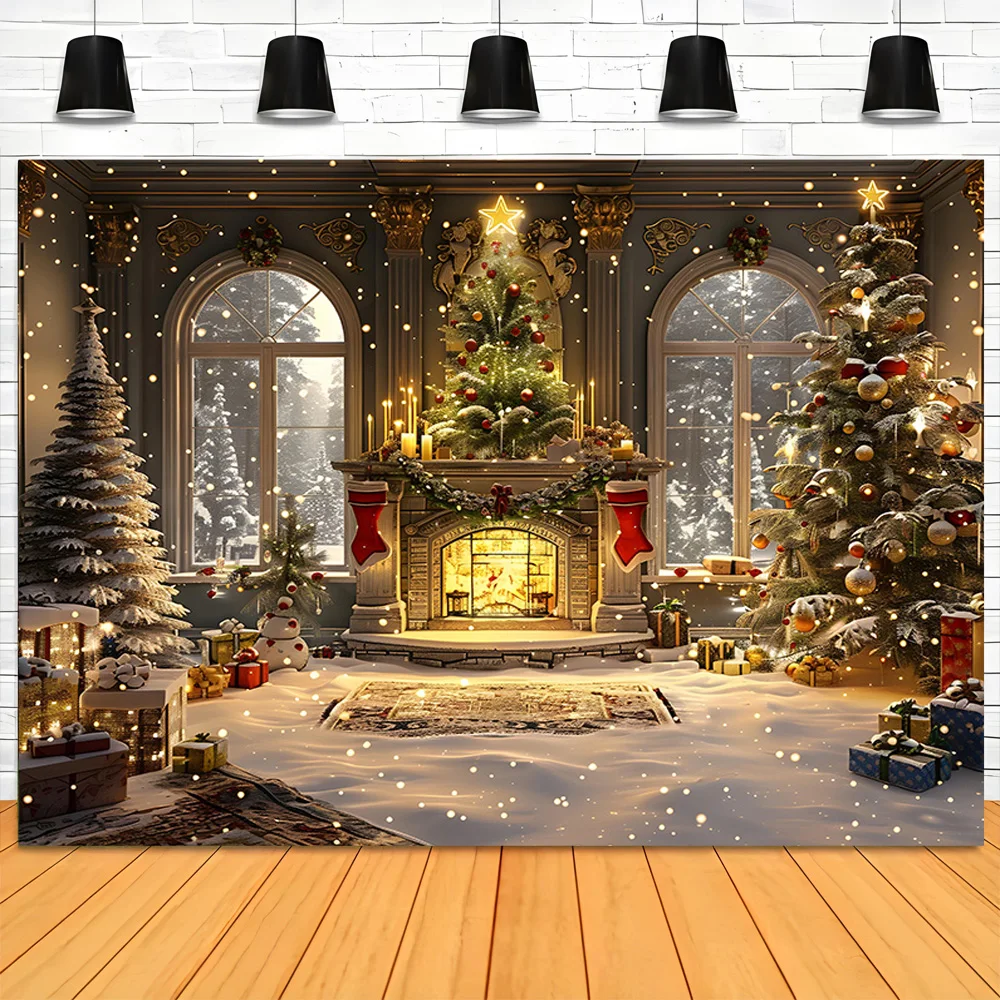 

Christmas Tree With Wooden Floor Photography Backdrops Pinecones Snow Fireplace New Year Winter Holiday Party Background DT-31