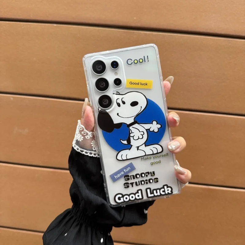 Funda de teléfono de TPU transparente suave con soporte de Snoopy de dibujos animados para Samsung S22 S23 S24 S25 Ultra S30 Plus Note10 20