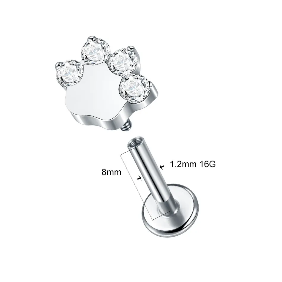 1pc Titanium Cat Claw Cartilage Stud Earring 16G Flatbase Internally Threaded Lobe Conch Helix Piercing Earring Body Jewelry