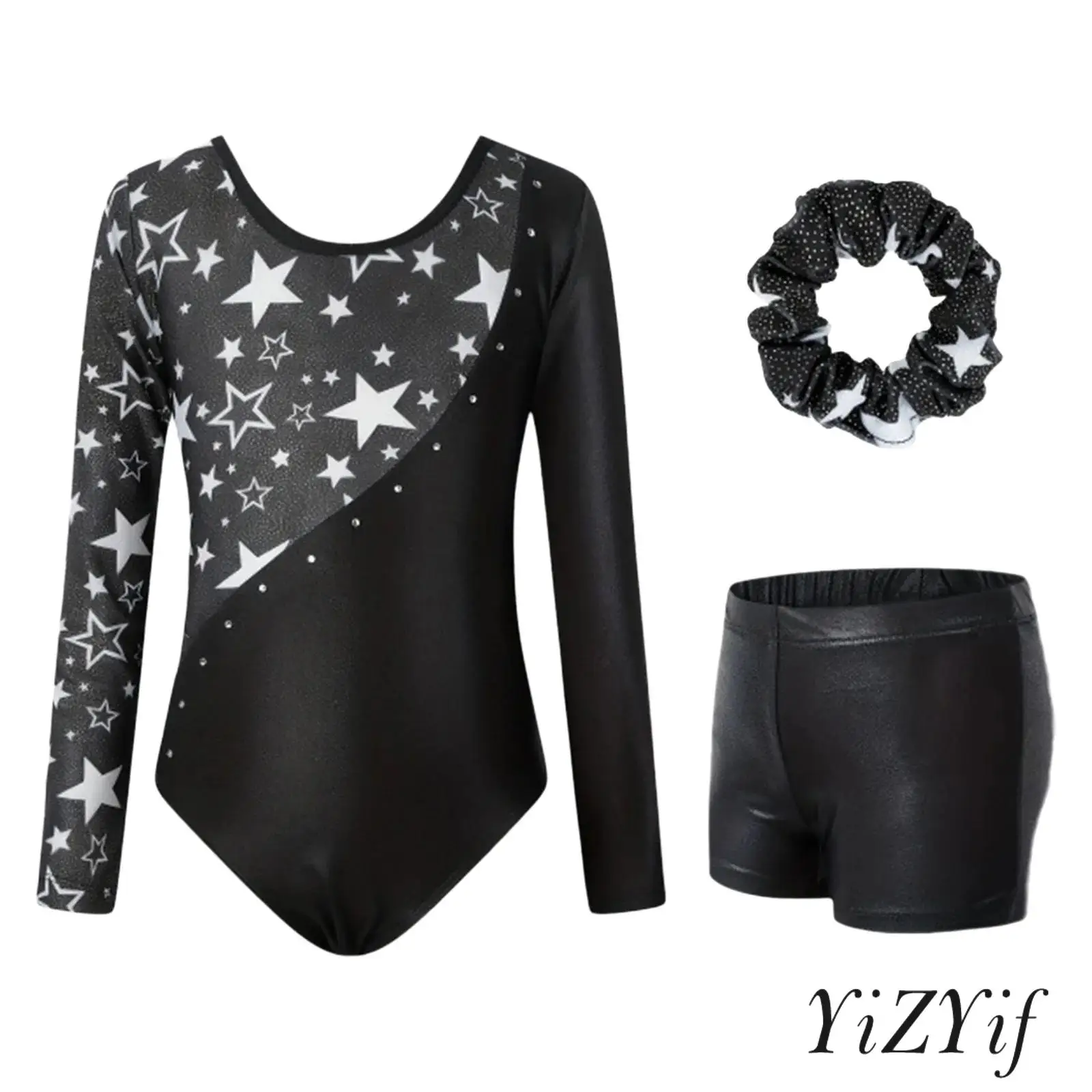 

Kids Girls Jazz Dance Costume Long Sleeve Star Printed Ballet Dance Leotard with Shorts and Hair Band for Stage Ballroom Dance