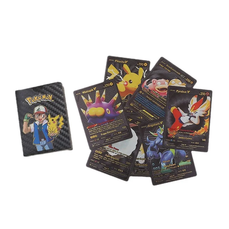 Hot 55PCS Pokemon Game Cards English Spanish French German Pikachu Card Set Gold Silver Black Game Collector Tabletop Kids Toys