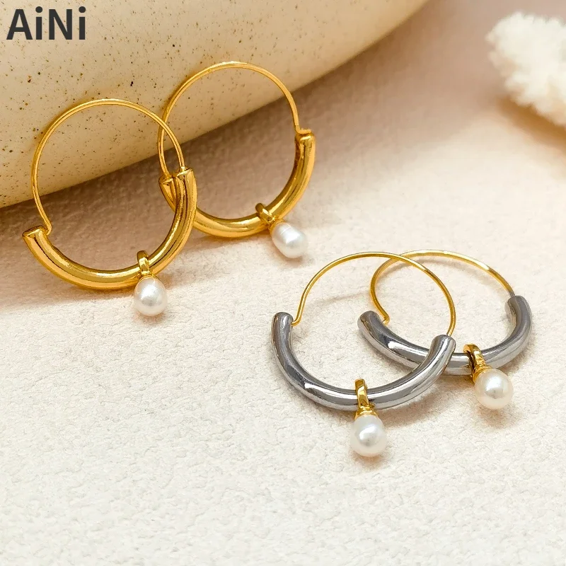 

Fashion Jewelry High Quality Brass Metal Splicing Color Pearl Big Round Hoop Earrings For Women Girl Party Gift Accessories