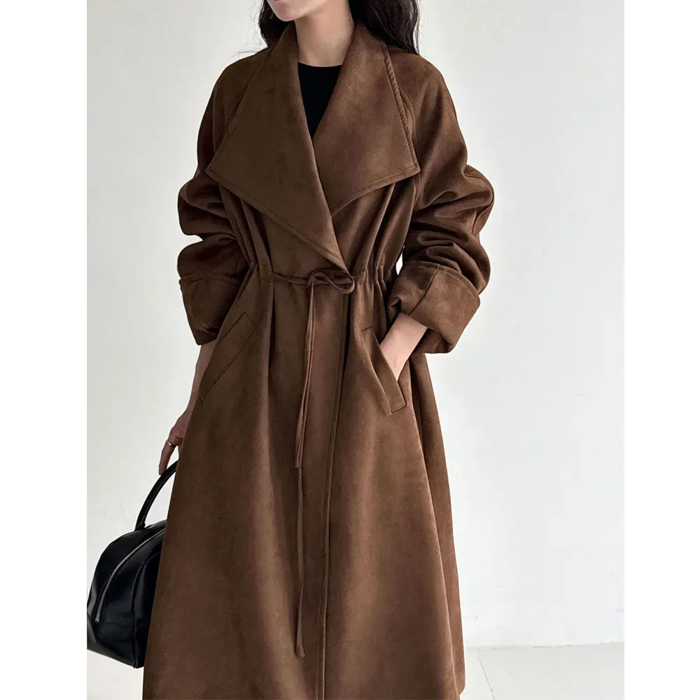 

Women Autumn Long Trench Coat Big Wide Laple Trench Coat Femme Casaco Abrigo Streetwear Classic Brown Color Women Vintage Coat