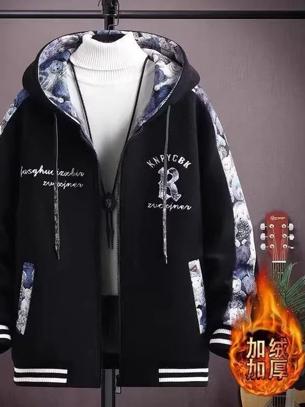 

Thiened Fce Lined Men's Jaet Hooded Casual Sle Polyester Fabric Warmth Youth Faion Baseball Coat Autumn Winter Cot...