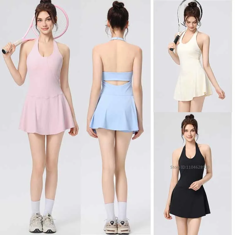 Pilates Tennis Mini Dress Women Golf Gym Yoga Halter V-Neck Dresses with Bra and Short Ladies Summer Running Workout Skirts