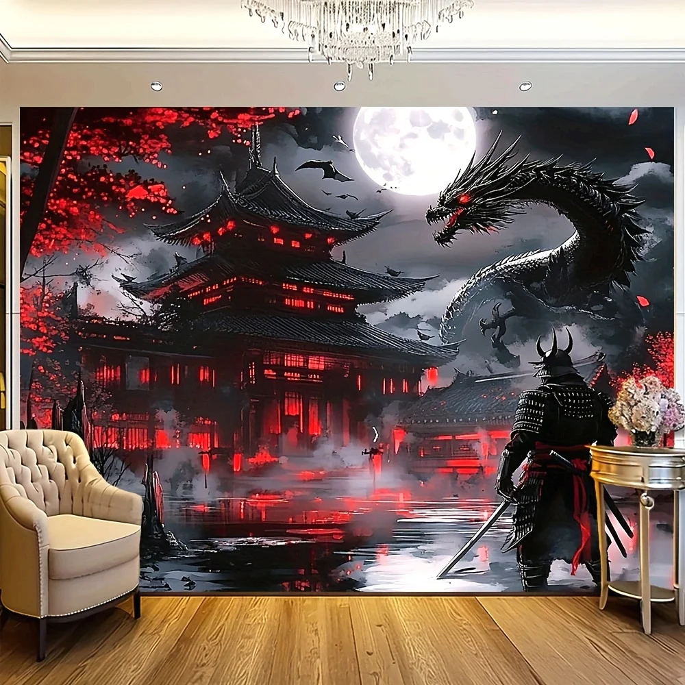 1pc, Samurai Dragon Moon Tapestry 2D Flat Wall Hanging Japanese Temple Red Decor for Living Room Bedroom Oriental Art Fabric
