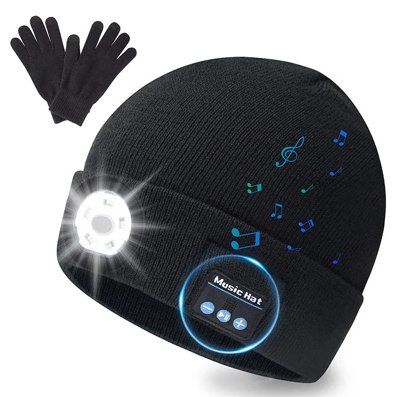 LED Lighting Bluetooth Music Headset Cap Binaural Listening To Music Calls Warm Knitted Hat Head-mounted