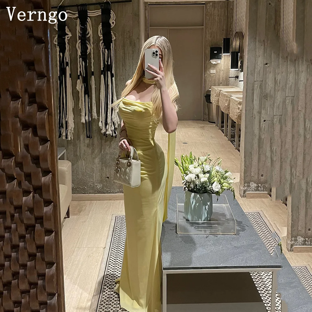 

Verngo Yellow Satin Evening Dress Strapless Mermaid Formal Occasion Dresses Sexy Simple Elegant Arabia Prom Gowns Customized