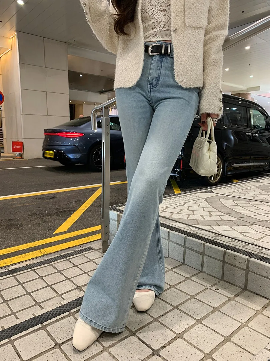 

Расклешенные джинсы с высокой талией, женские утягивающие джинсовые джинсы с усами, повседневные весенние синие джинсовые джинсы