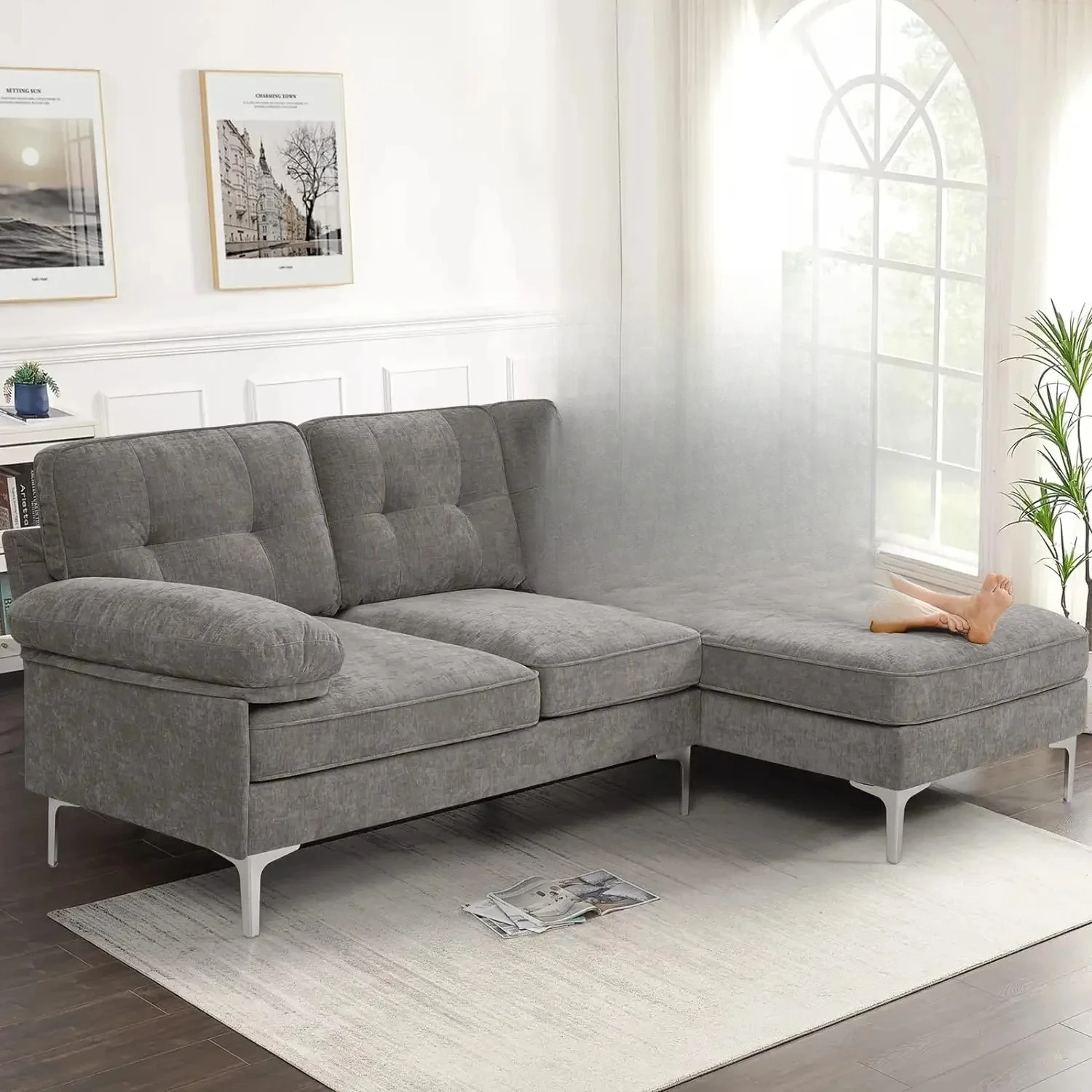 Advanced L-shaped sofa with reversible recliner, modern minimalist convertible segmented fabric sofa