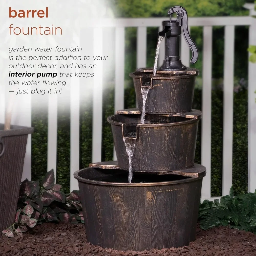 Outdoor Fountains  Floor Tiered Rustic Pump and Barrel Water , Old-Fashioned Waterfall, 40