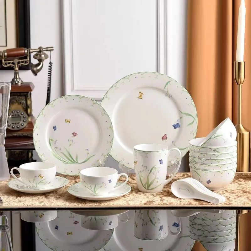 

New Colorful Spring European Bone China Tableware Set Includes Plates Bowls Cups for Housewarming Gift Idea
