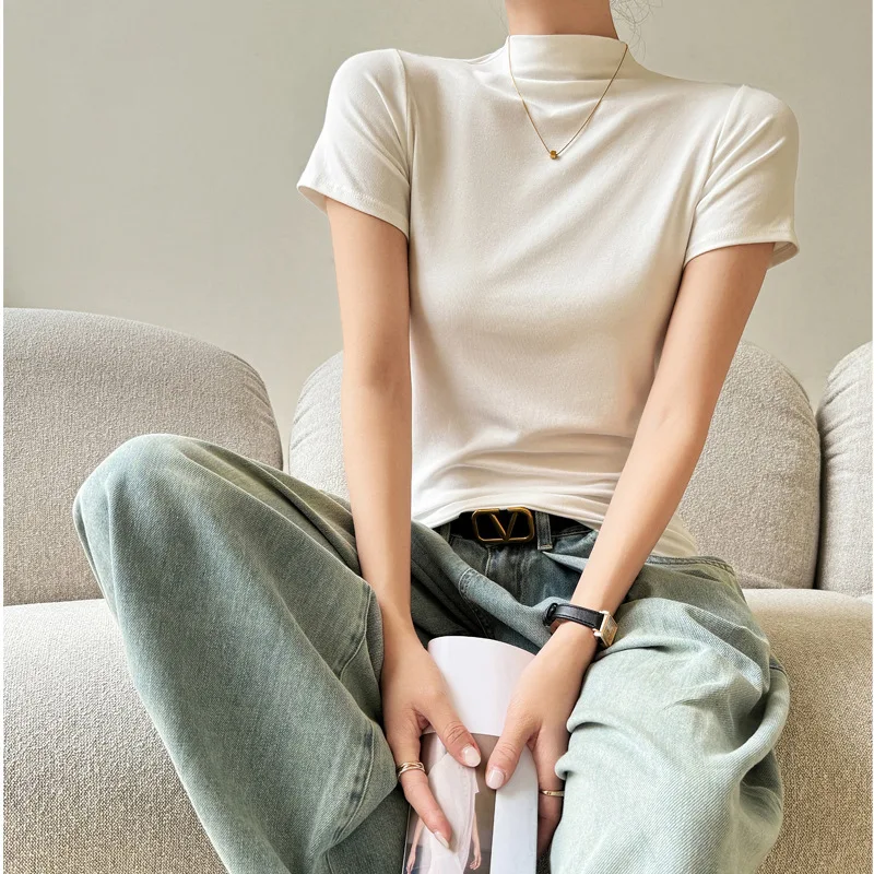 

Korean Autumn Modal Half High Neck Inner Undercoat Women's Upper Clothing Slim Short Sleeve Shoulder T-shirt Design Sense