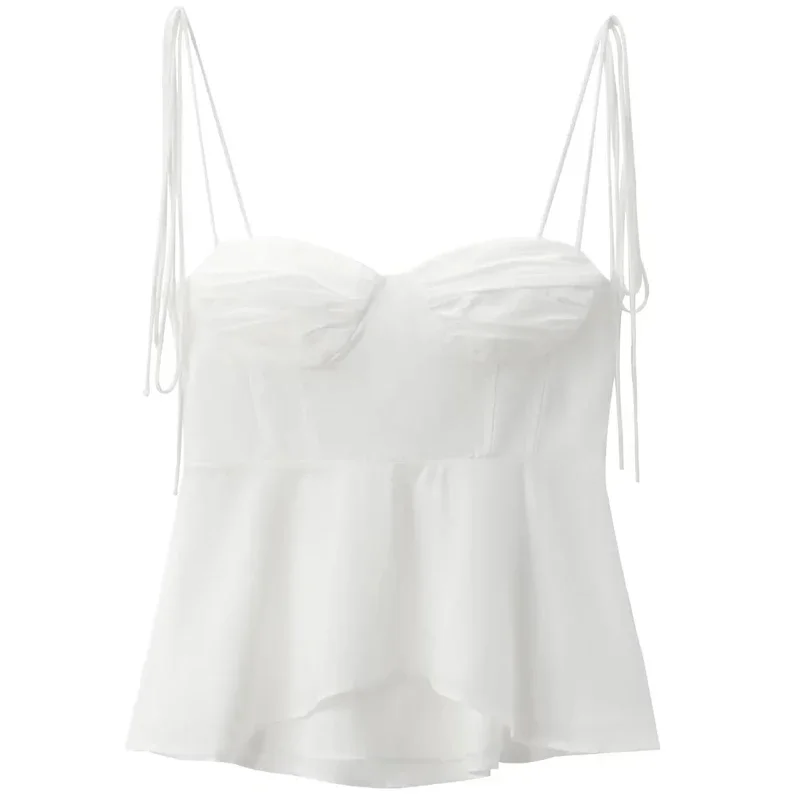 TRAF Bustier White Crop Top Woman Pleated Tied Sleeveless Top With Straps Backless Sexy Corset Top Women Asymmetric Summer Tops