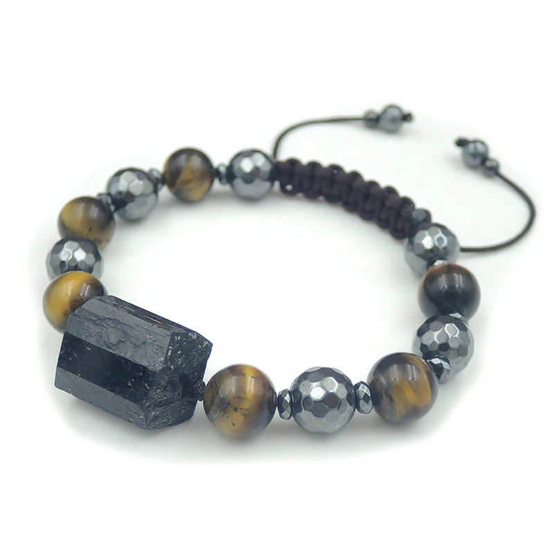 Black Tourmaline Point Hematite Faceted Tiger Eye Round Beads Bracelet Hand-knitted Approx 6-8 Inches