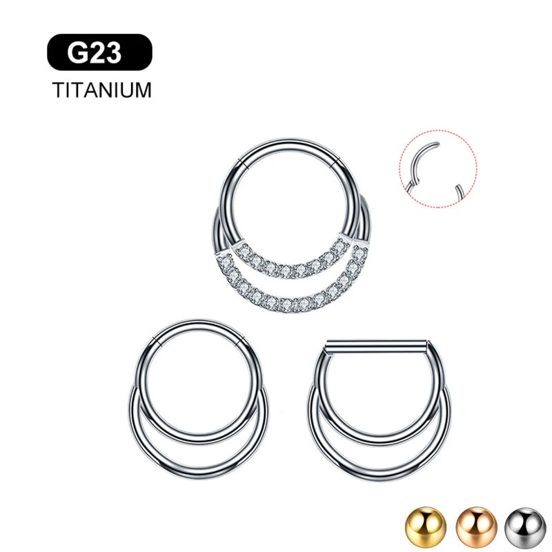 

G23 Titanium Antiallergic Piercing Nose Ring Tragus Cartilage Double Layer Segment Earring Clicker Zircon Nostril Hoop 16G 1 PC