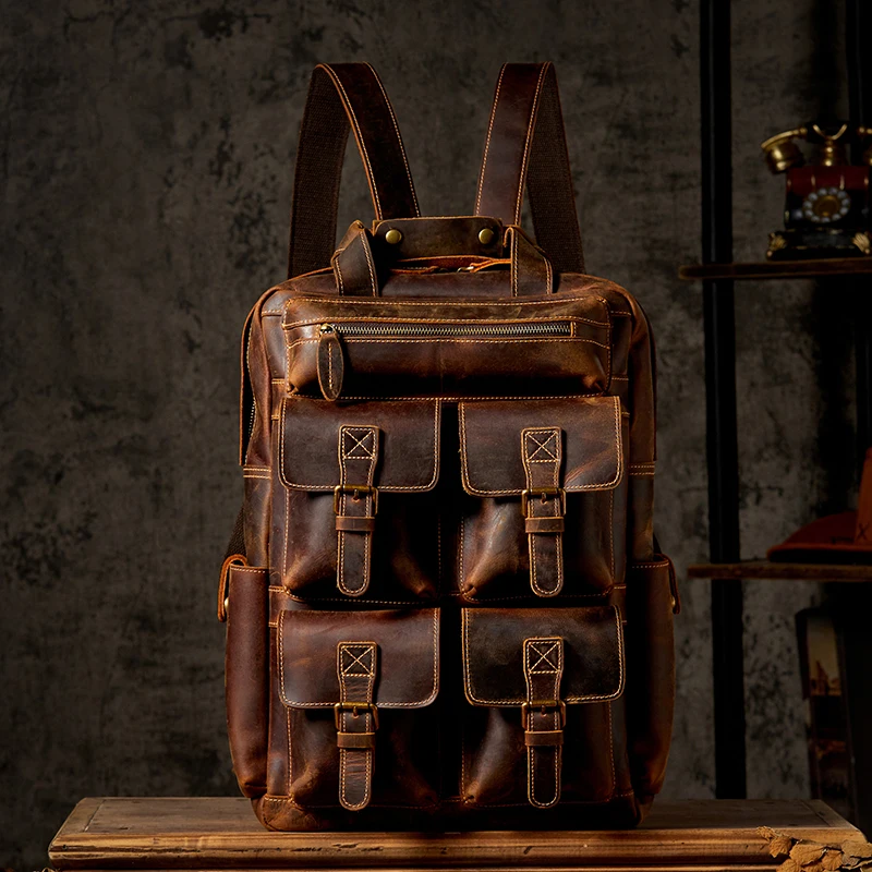 Handmade Cowhide Leather Backpack Vintage Genuine Leather Large Capacity Satchels School Bag Business Office Laptop Knapsack Bag