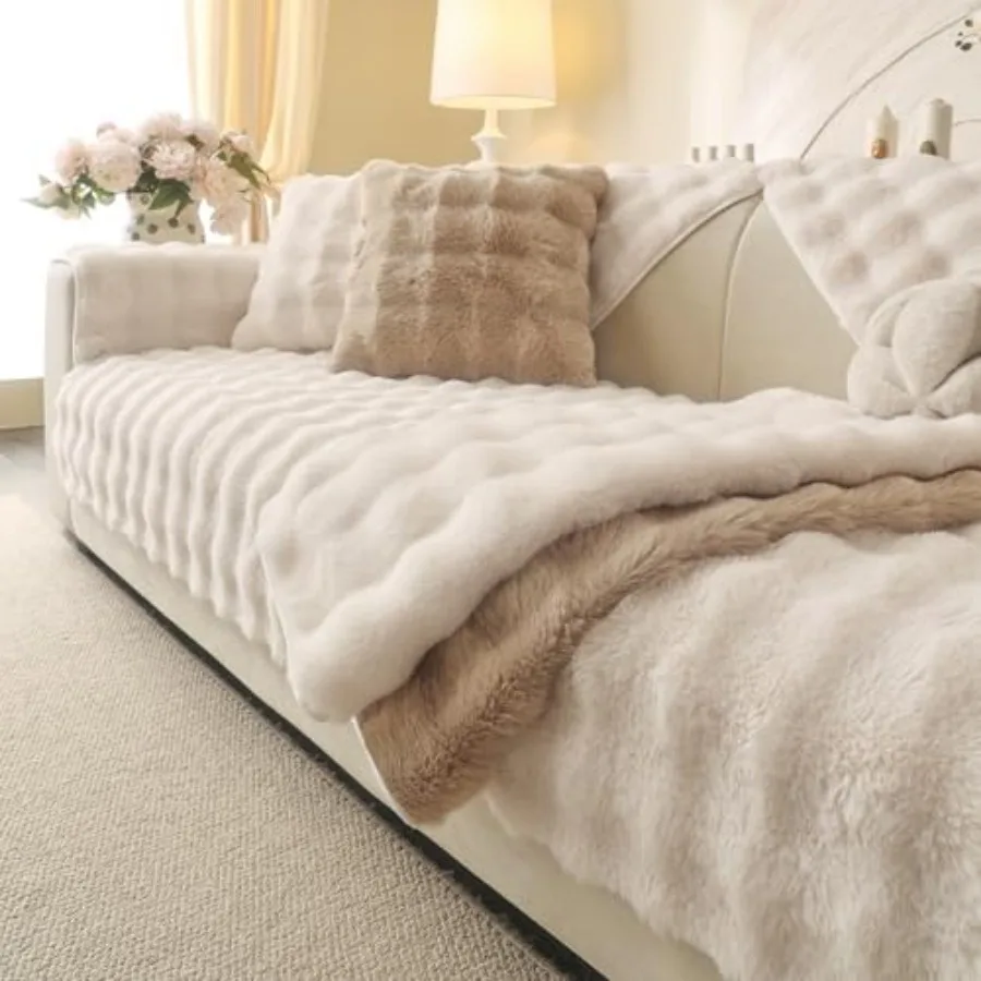 Soft Plush Faux Fur Couch Cover, Thick Warm Fuzzy Sectional Sofa Covers for 3 Cushion Couch Sofa L Sharped Sofa Non Slip Slipco