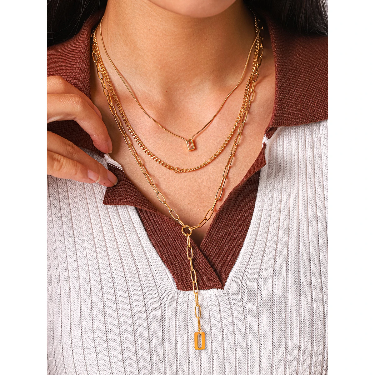 

Multi Layered CZ Pendant Necklace 18K Gold Plated Stainless Steel Long Chain for Women Birthday Gift
