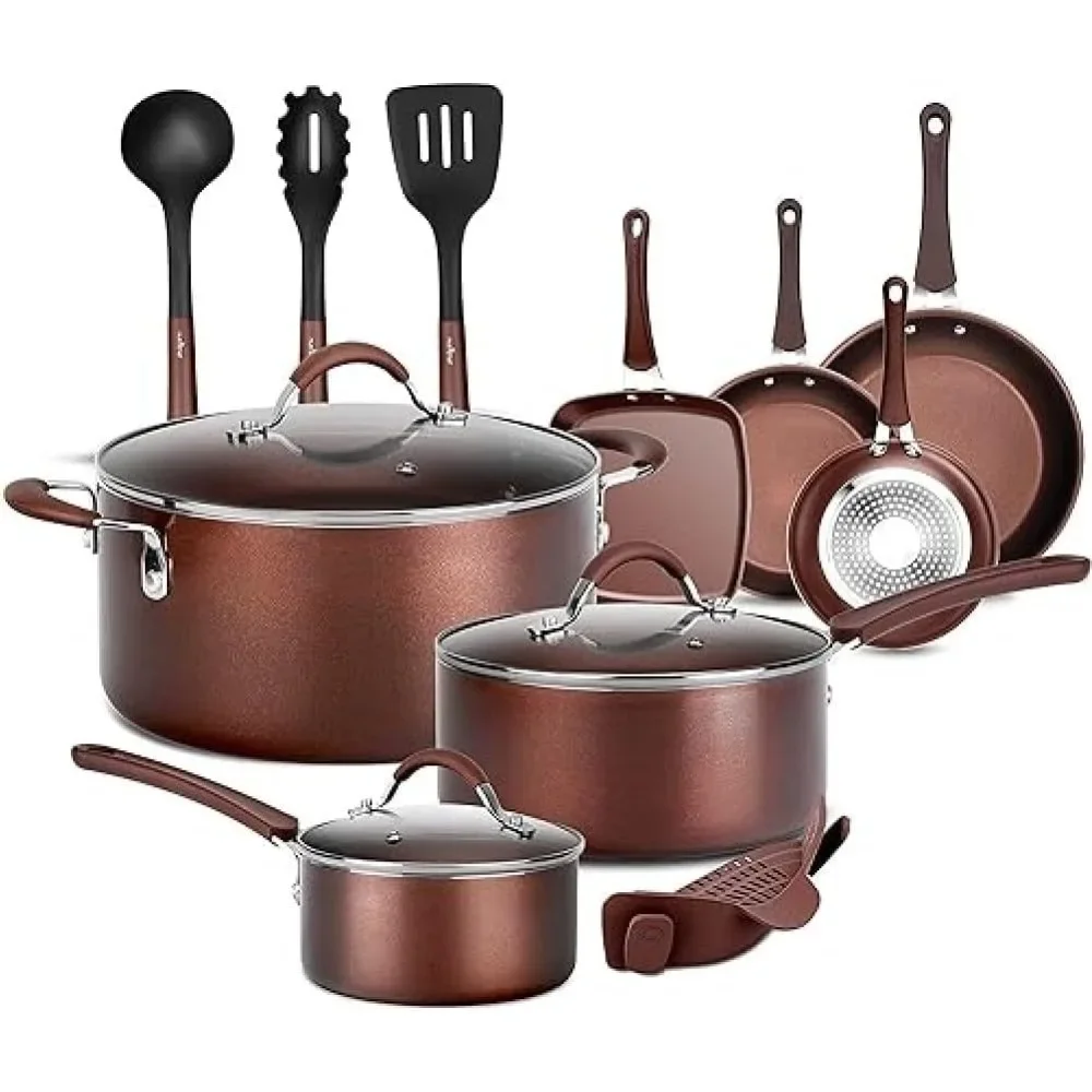 

14-Piece Nonstick Brown Cookware Set-Scratch-Resistant Kitchen Pots and Pans with Lids&Utensils, For All Cooktops-NCCW14SBR