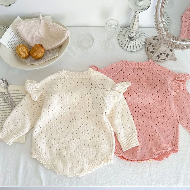 Newborn Baby Girls Knitting Bodysuits Solid Color Hollowed Out Long Sleeve Autumn Spring Infant Baby Girls Knitting Jumpsuit