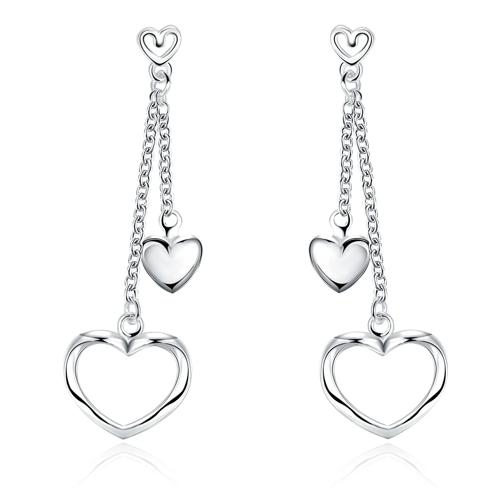 Valentines Jewelry 100% Genuine 925 Sterling Silver Double Layered Hear Woman Lady Tassel Stud Earrings Ear Accessory