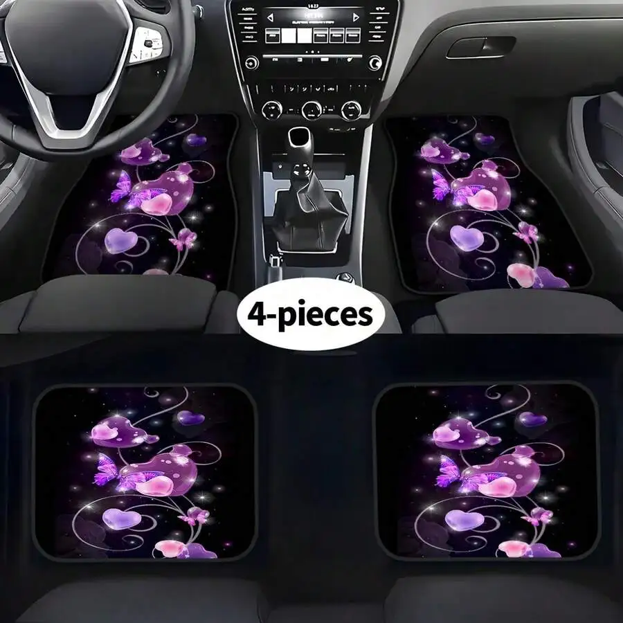 

4-Piece Car Floor Mats Set Purple Heart Butterfly Print Polyester Easy Clean Universal Fit For Sedan SUV
