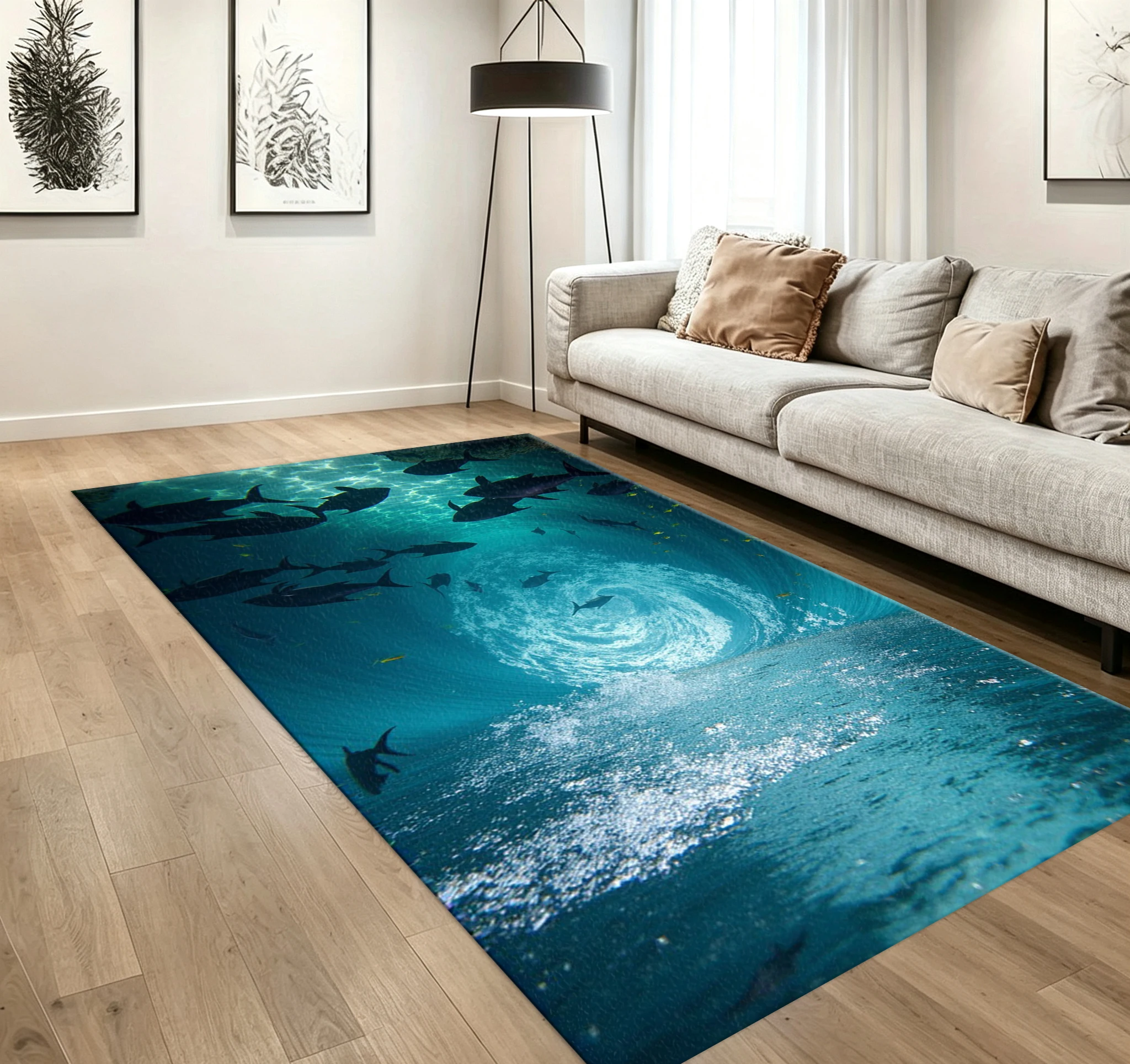Underwater Ocean Fish Carpet Flooring Deep Sea Wave Marine Animal Scenery Printed Area Rug for Living Room Study Home Ornament