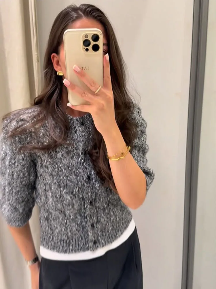 

HH Woman New Winter Fashion Puff Short Sleeves Single Breasted Knitted Jacket Female Casual Street Style Sweater Overcoat