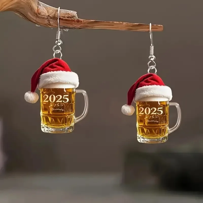 

2025 Christmas Beer Mug Dangle Earrings Festive Santa Hat Decorated Drop Earrings Novelty Holiday Party Jewelry For Women